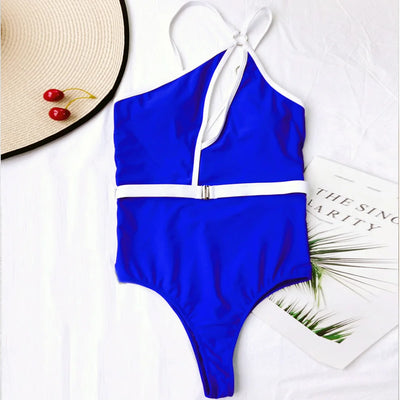 One Shoulder High Waist Monokini Solid Belt Bathing Suit