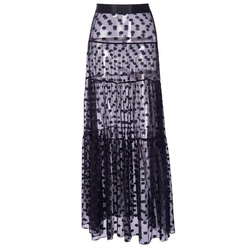 Women Maxi Skirt See Through Polka Dot Pleated Retro