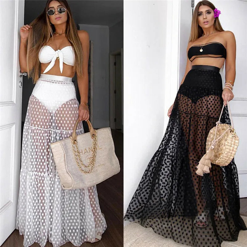 Women Maxi Skirt See Through Polka Dot Pleated Retro