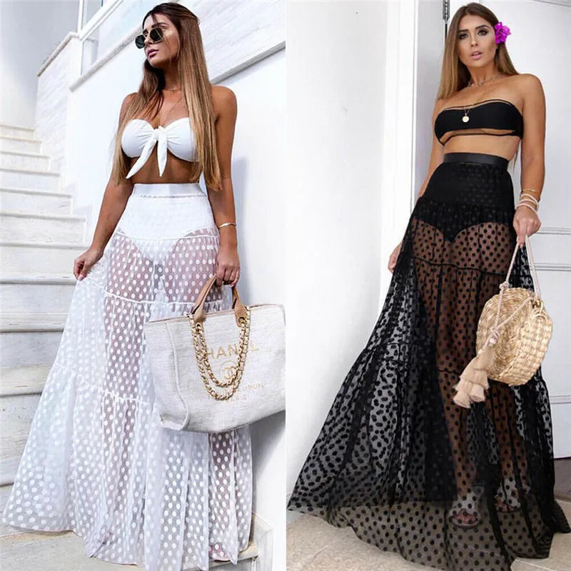 Women Maxi Skirt See Through Polka Dot Pleated Retro